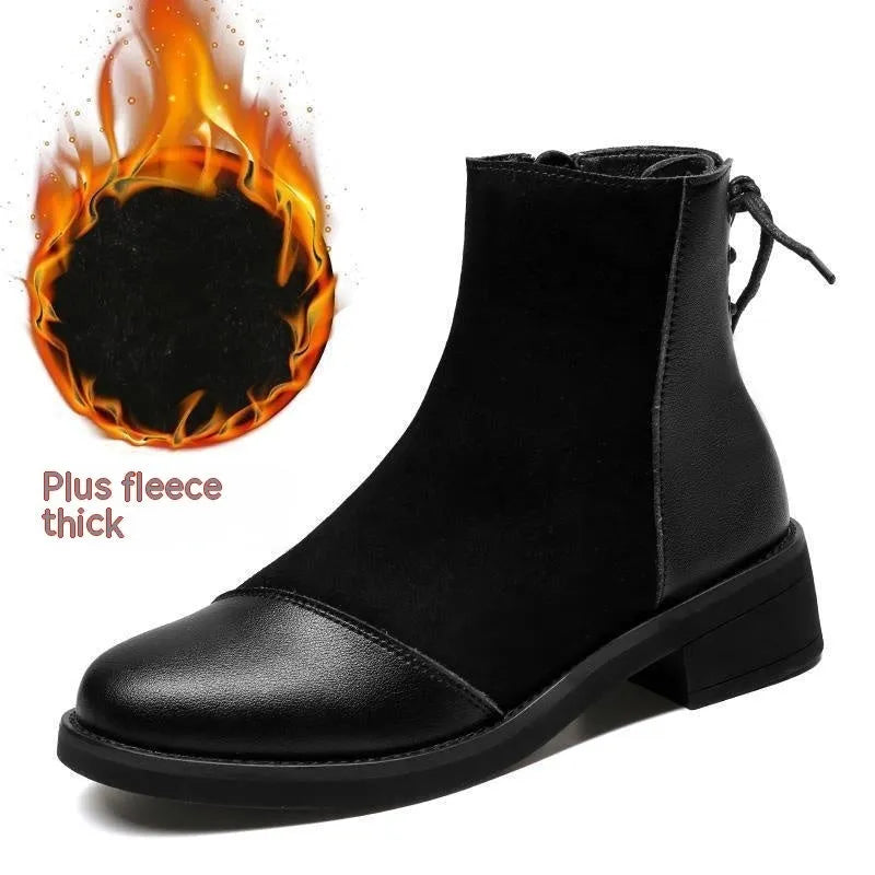 Women's black knee-high soft leather martin boots with side zipper and bow detail