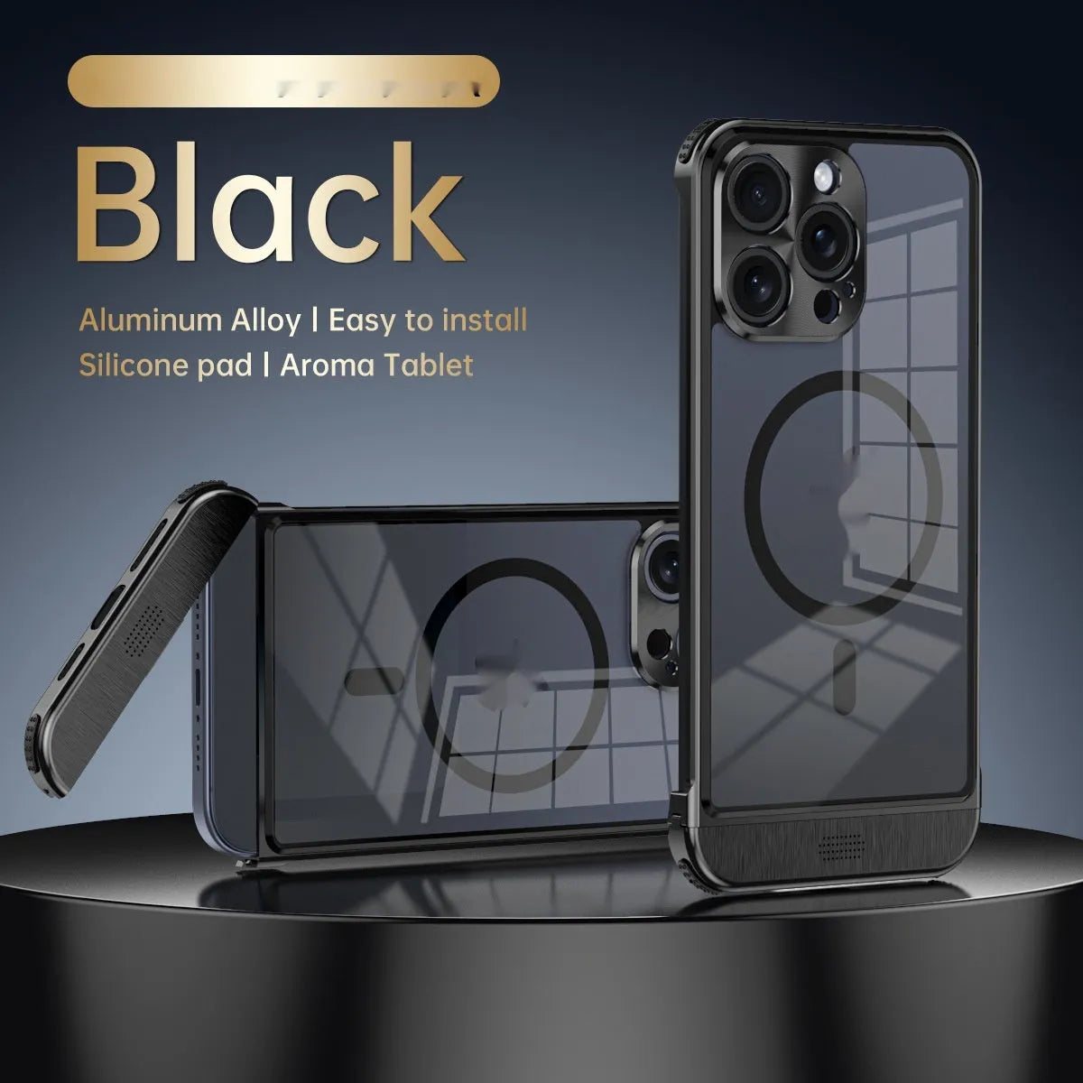 Apple phone case half pack with aluminium alloy frame and magnetic bracket, black colour option, for iPhone 15 Pro