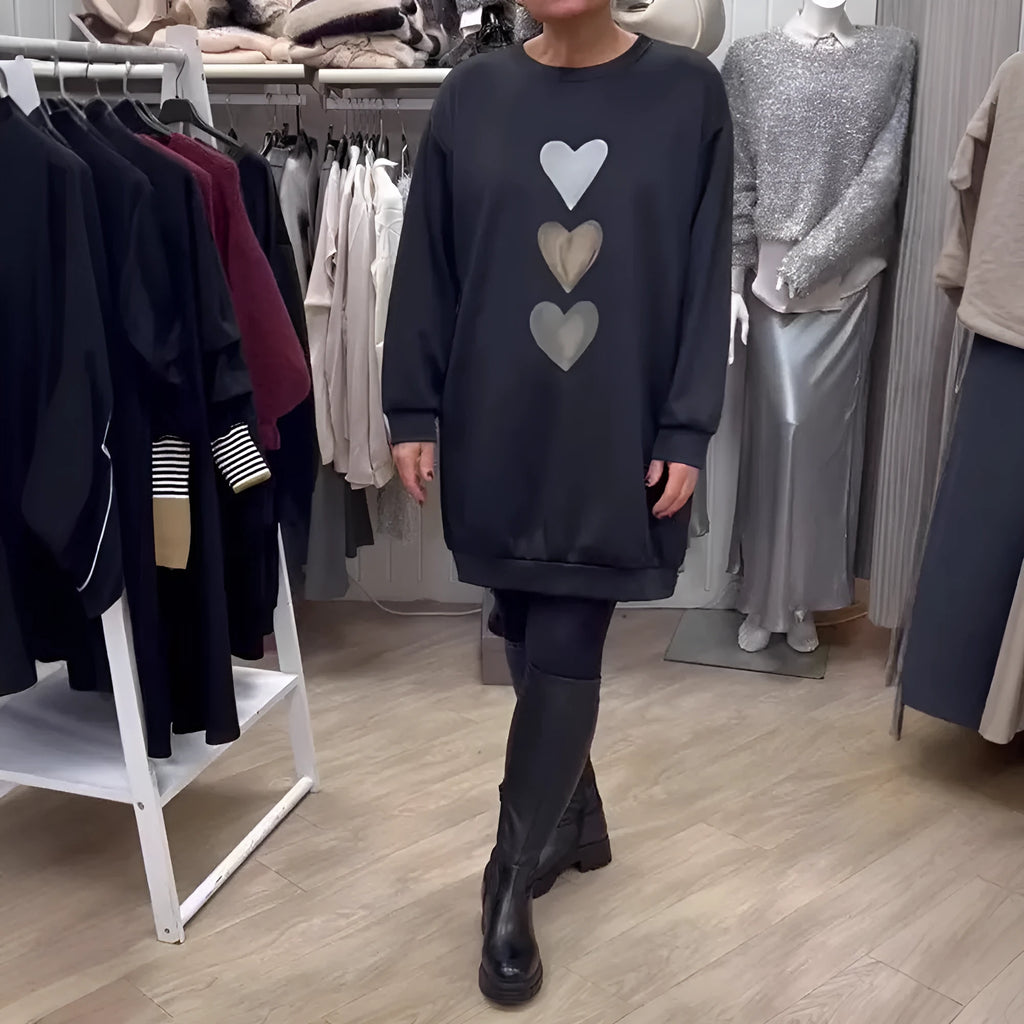 Love print round neck long sleeve casual pullover sweater with oversized swing skirt in red