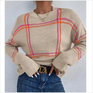 Women's plaid colour-block crew neck acrylic sweater in loose fit style