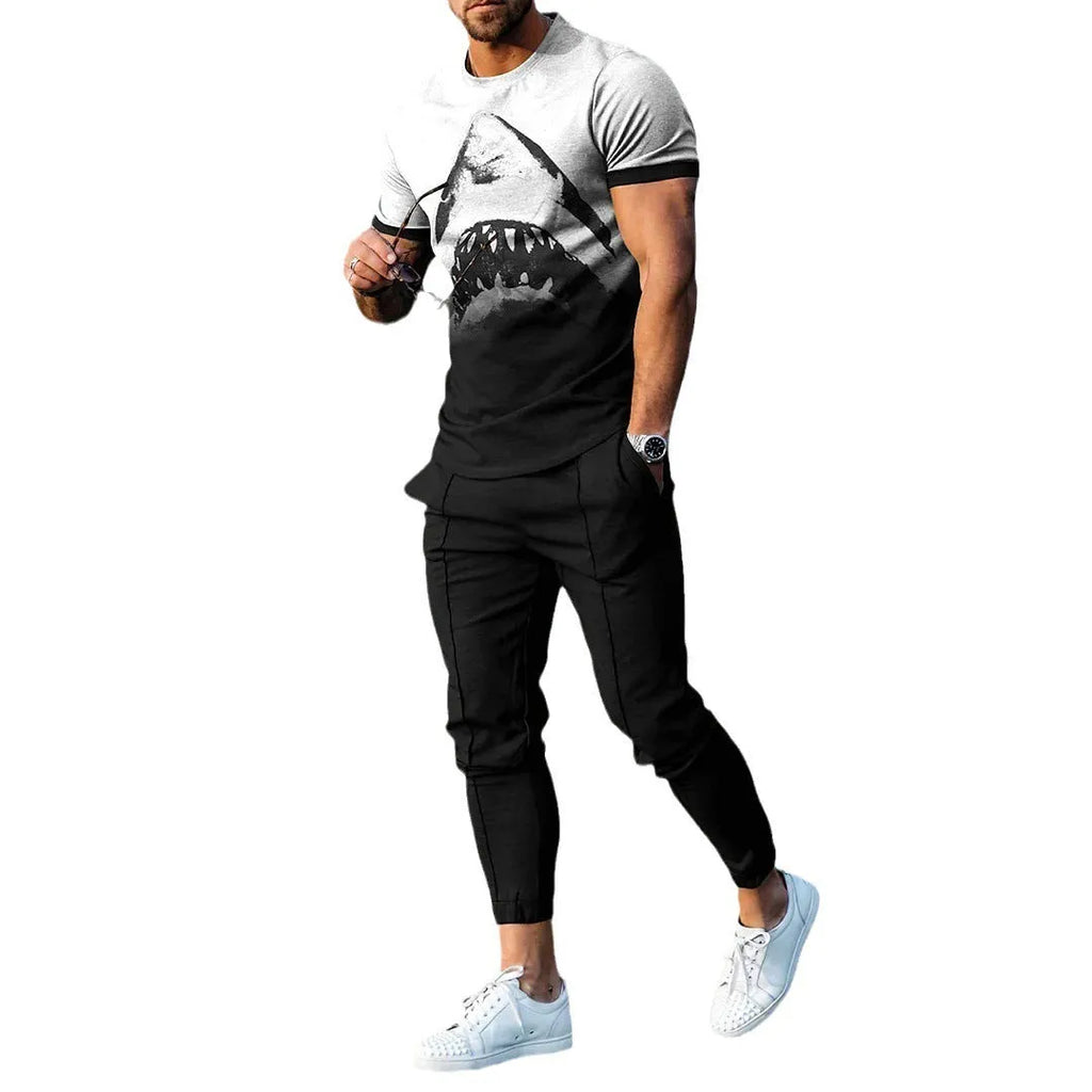 Men's slim-fit two-piece sports suit with short sleeve printed t-shirt and matching trousers in polyester blend fabric