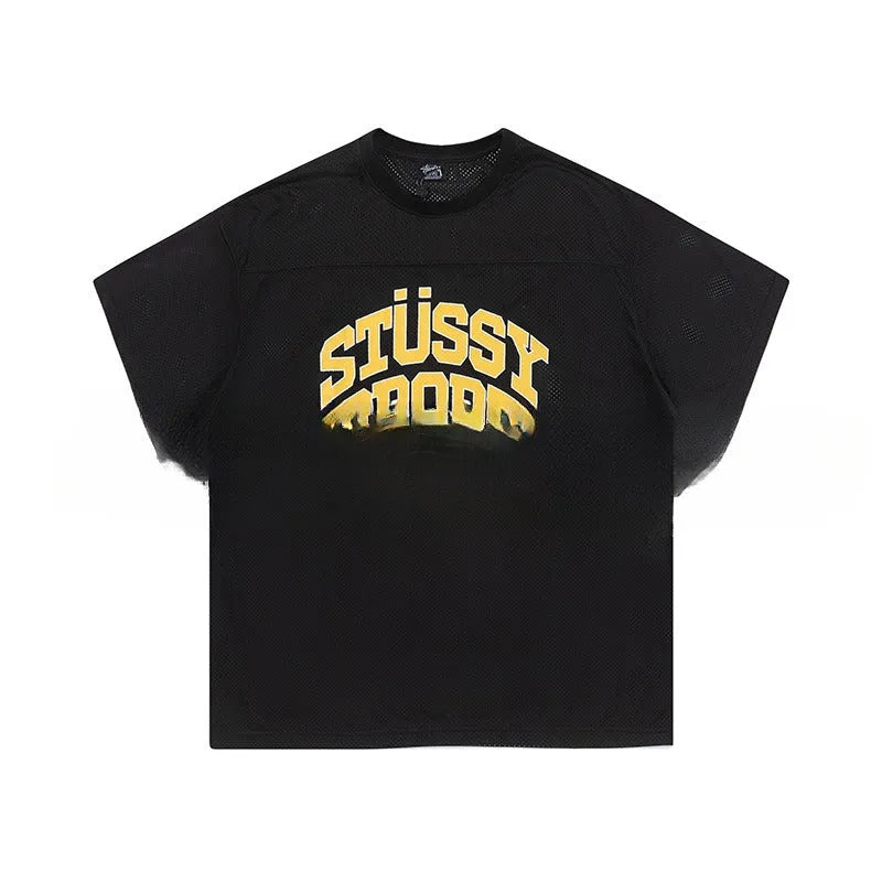 Cotton sports jersey letter print short sleeve pullover in black, loose fit, front view
