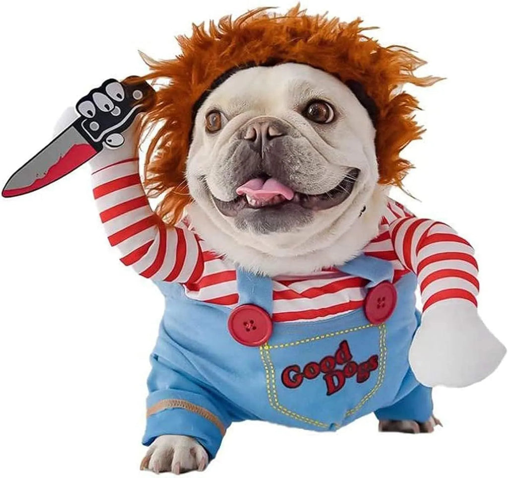 Striped Halloween harness costume for pets with knife accessory in 3-piece set