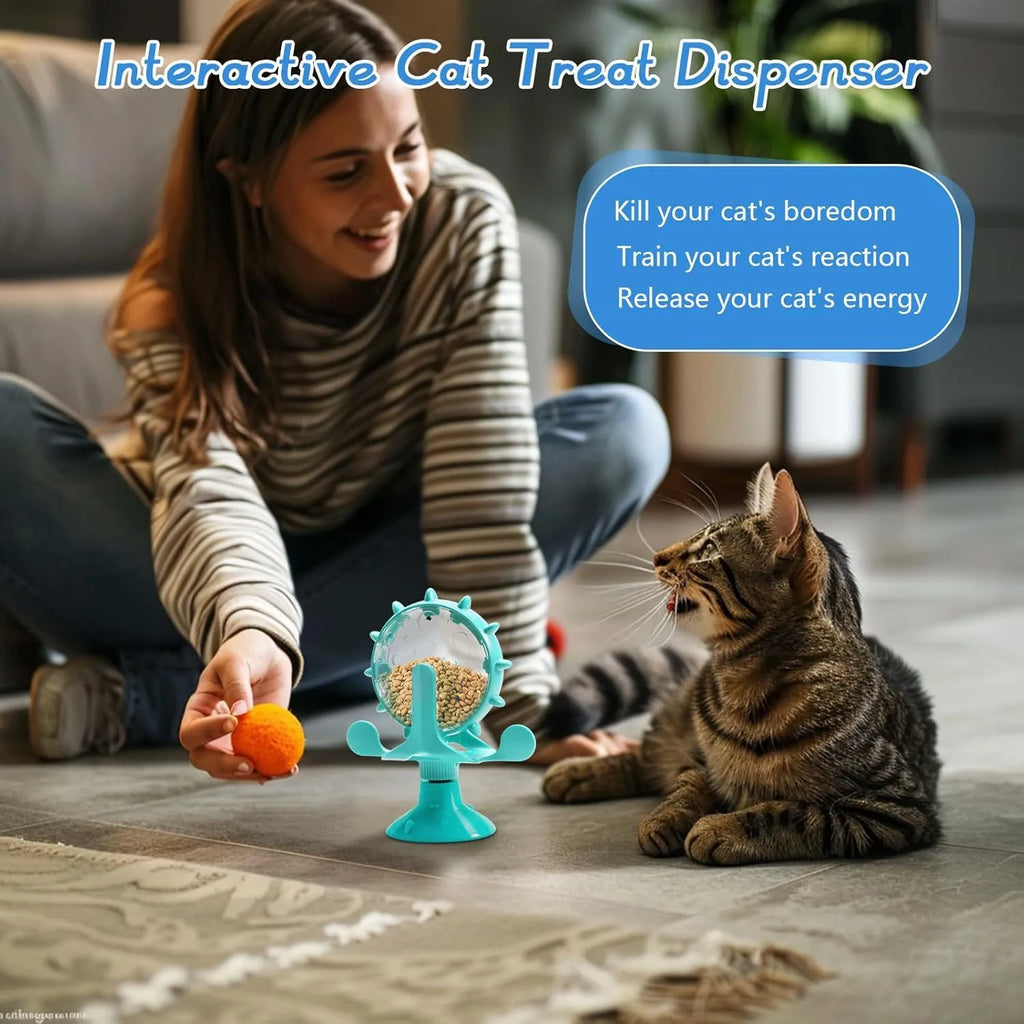Interactive cat dog puzzle feeder toy with rotating spinner in blue green red yellow colours