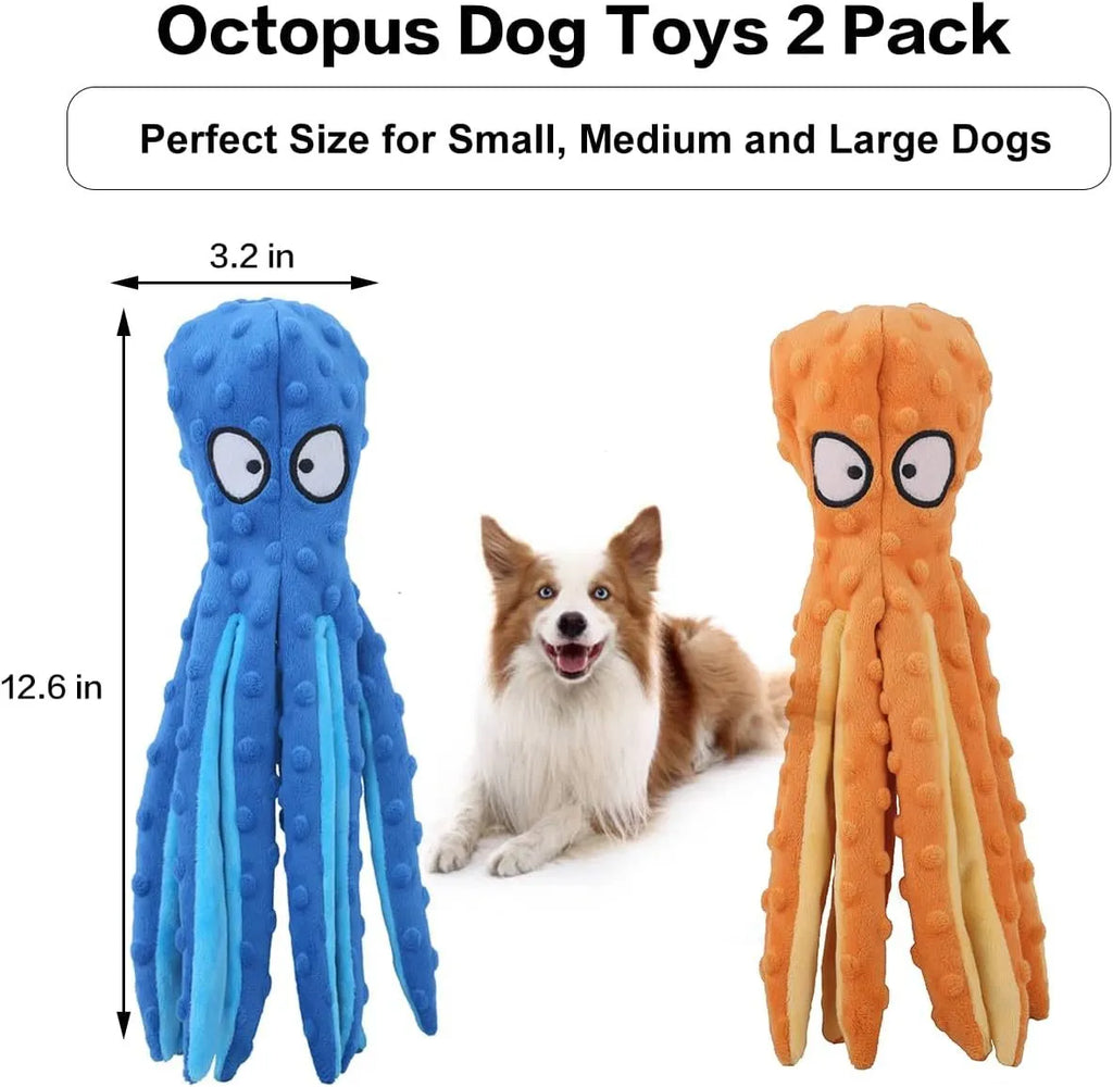 Blue octopus dog squeaky toy with no stuffing measuring 32cm long