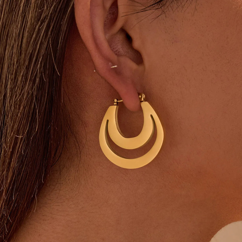 Geometric French earrings with round hoop design in gold and steel colour options