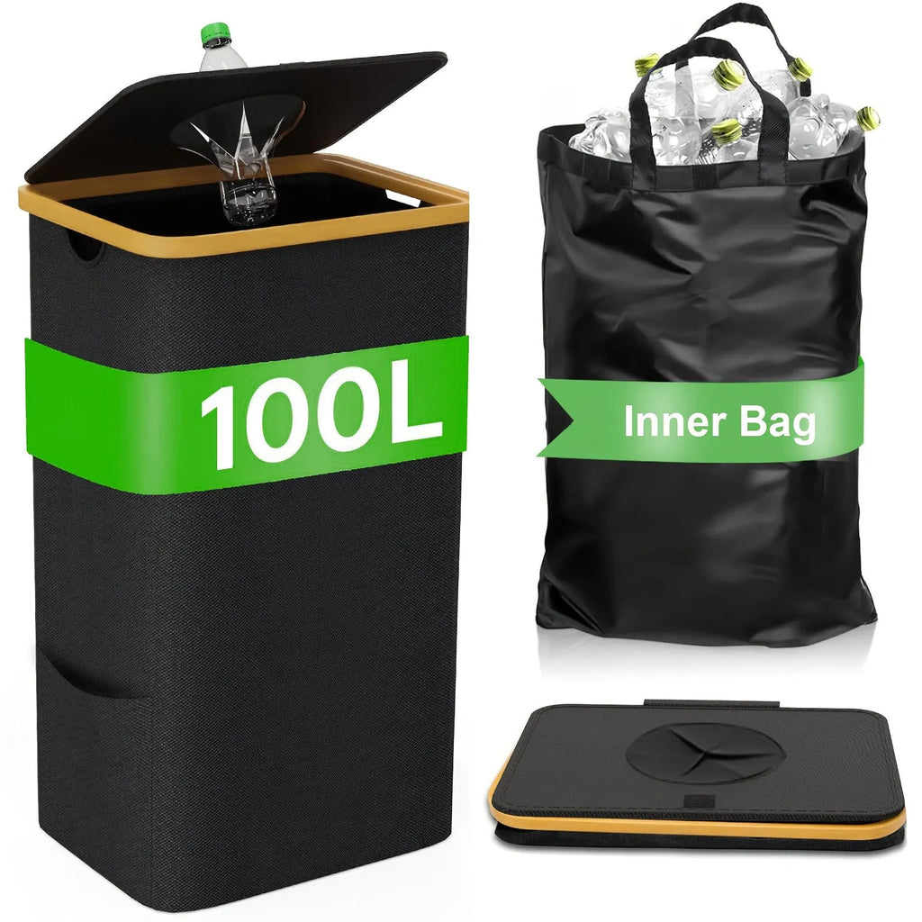 Black bamboo storage basket with lid, removable bottle holder and double inner pockets