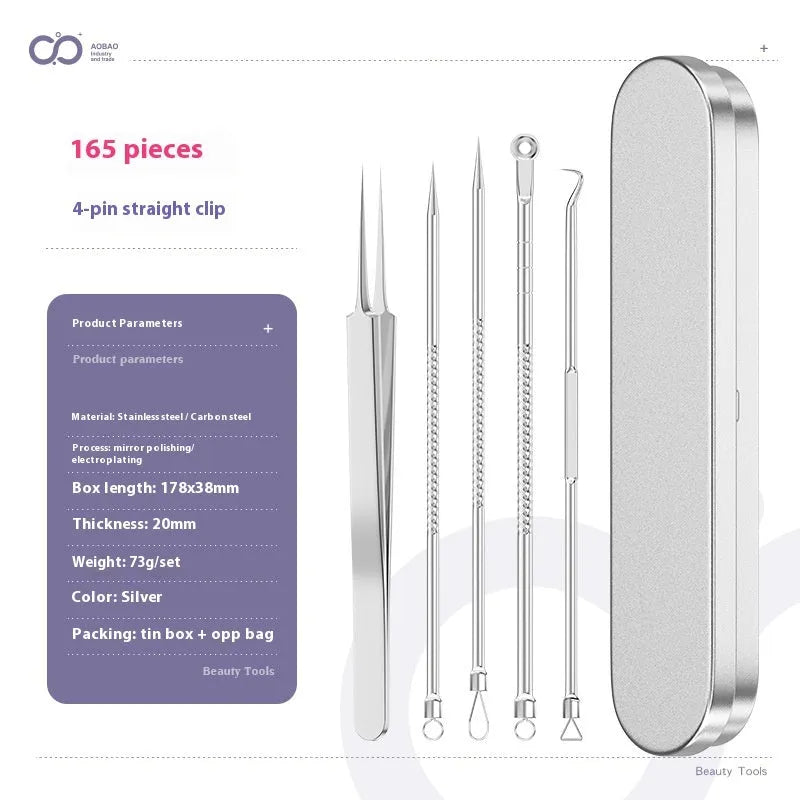 Four-piece silver metal acne needle set with fine-pointed needles and a clip for skin blemish removal.