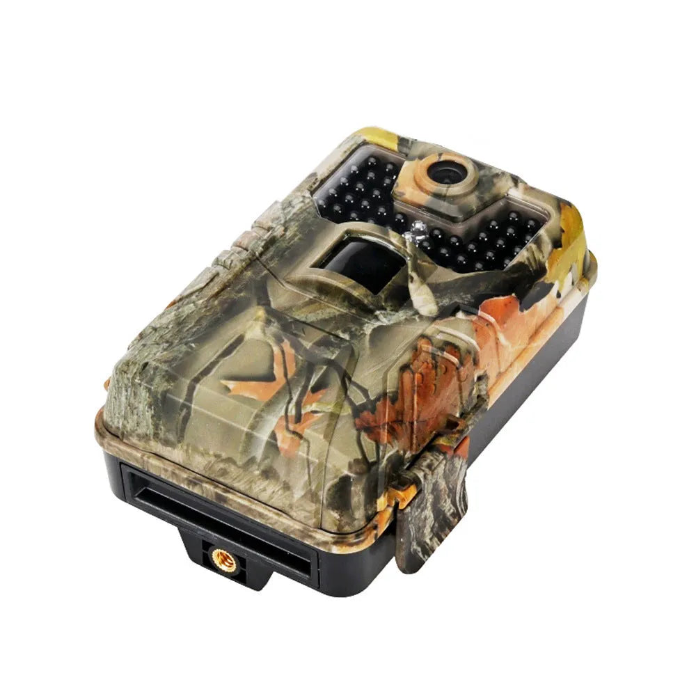 Camouflage outdoor trail camera with infrared LEDs, showing compact design for wildlife and security monitoring.