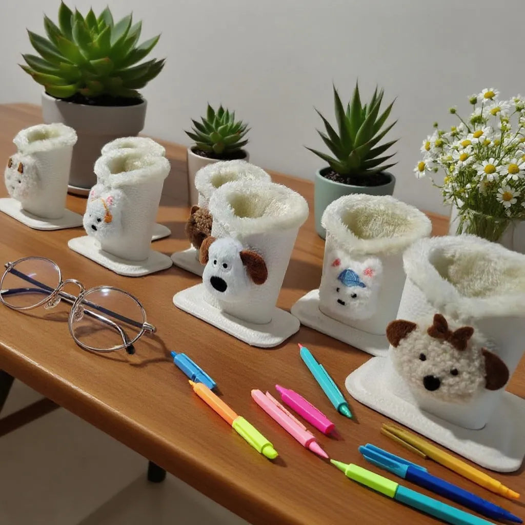Nordic style fluffy cartoon desktop glasses storage bucket in leather with animal design, 11.6x8.1x12cm