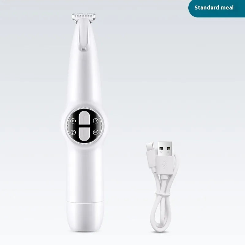 White plastic rechargeable pet cat foot shaver with double button control and grinding head for paw hair and nail trimming