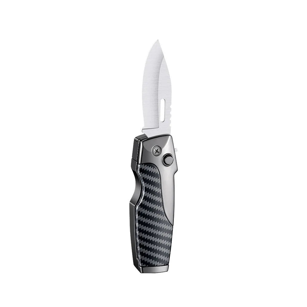 Metal folding lighter with integrated pocket knife tool in a wood grain finish.