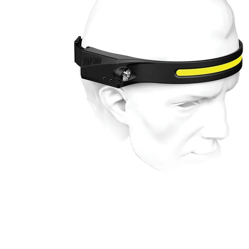 COB LED induction headlamp with wide beam and side LED for long-distance lighting, USB rechargeable, silicone build