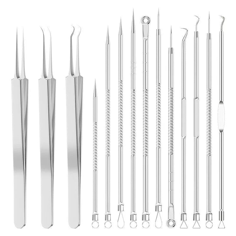 Four-piece silver metal acne needle set with fine-pointed needles and a clip for skin blemish removal.