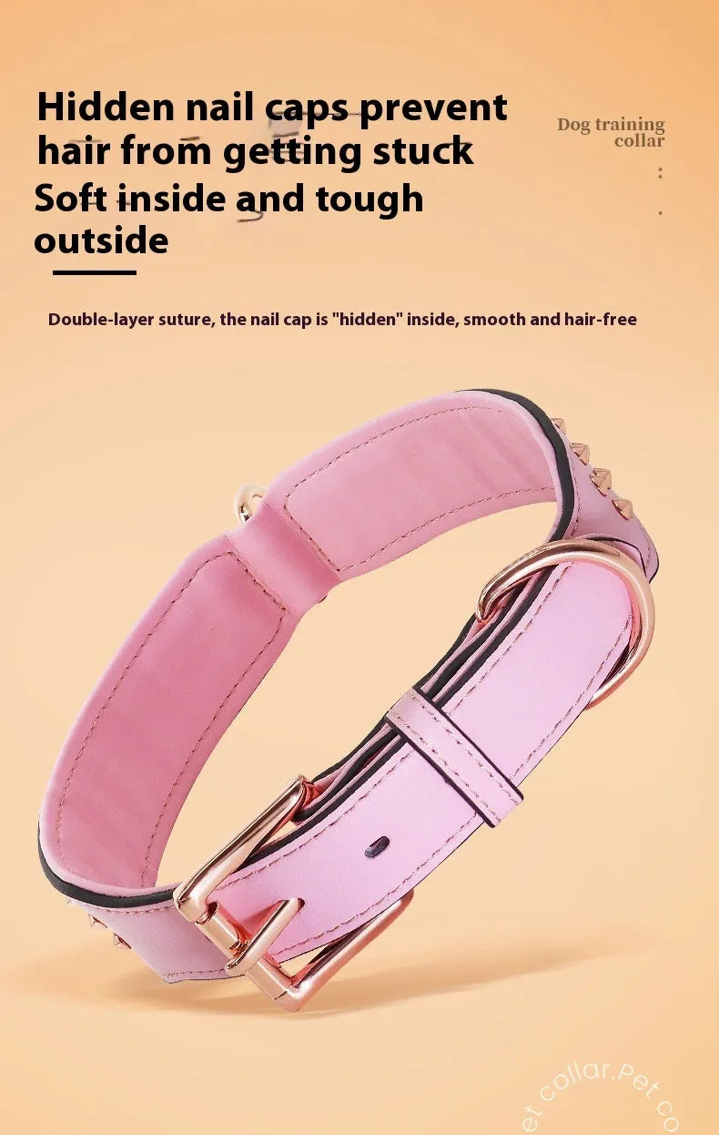 Black leather dog collar with metal anti-bite rivets, shown with chocolate and pink colour options.