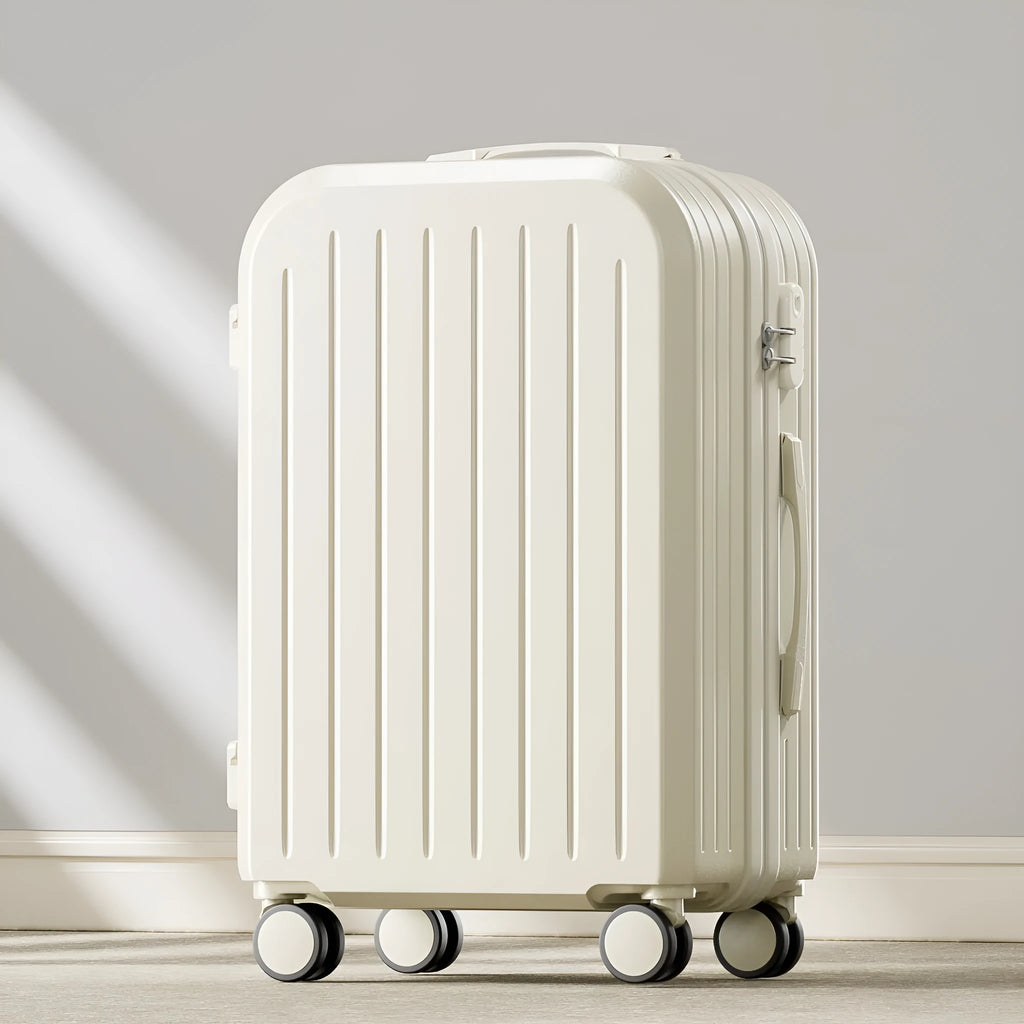 Small lightweight password suitcase trolley case with striped pattern and universal wheels in multiple colours