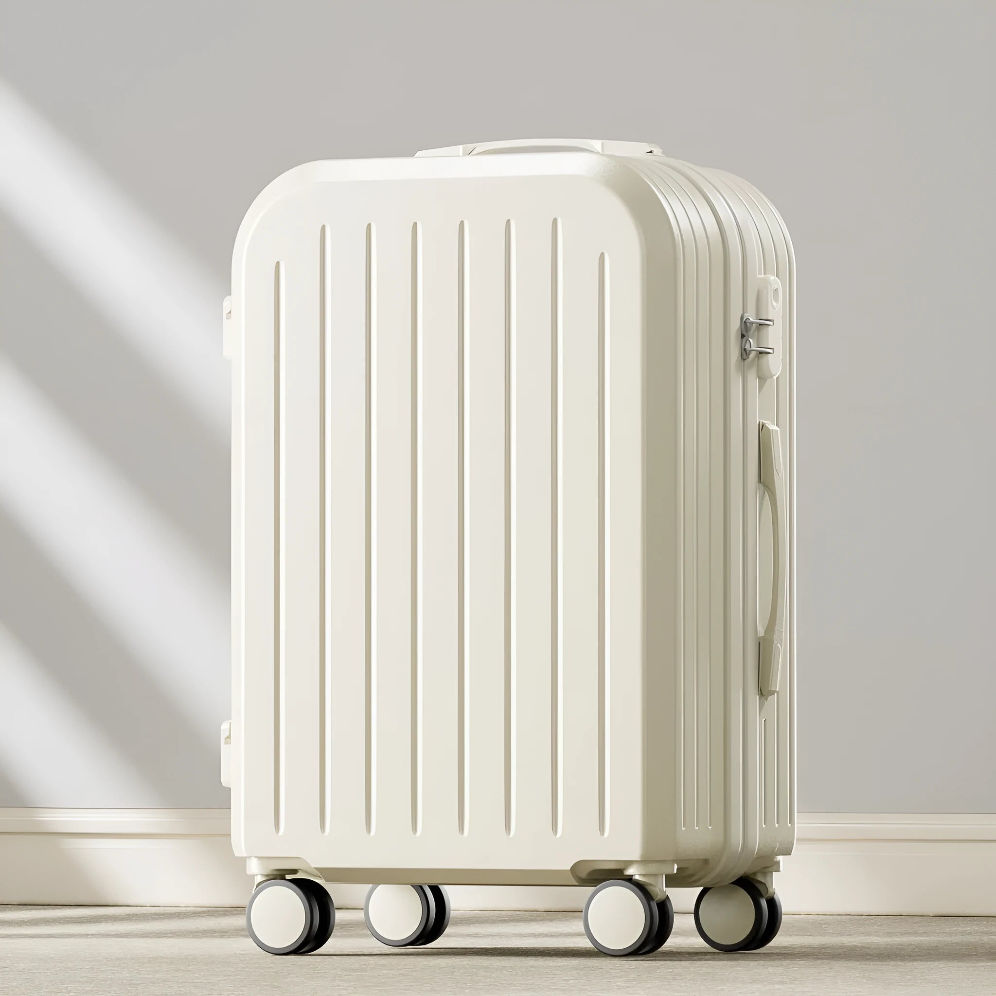 Small lightweight password suitcase trolley case with striped pattern and universal wheels in multiple colours