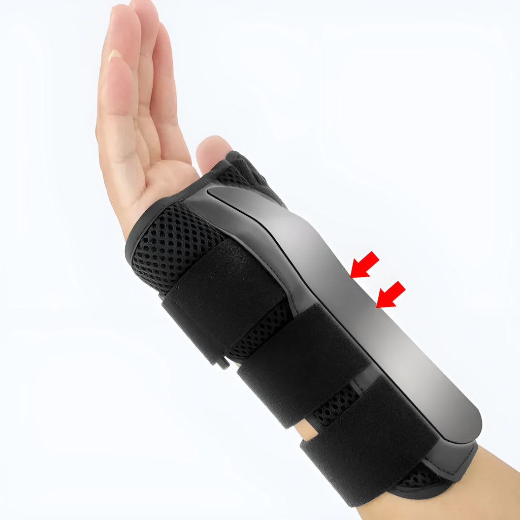 Black carbon fibre sports wrist guard with thumb strap for left or right hand support