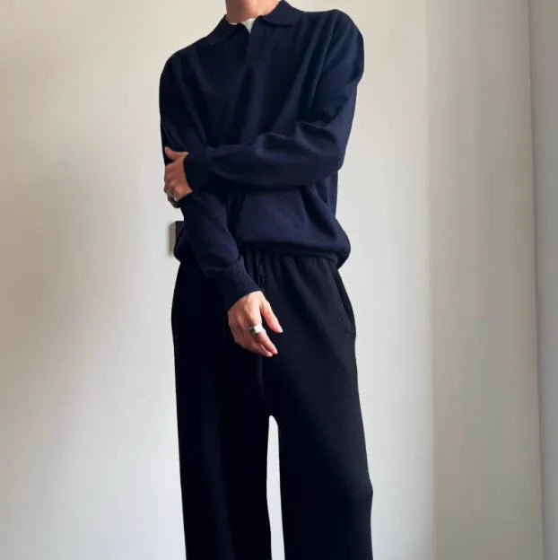 Pure wool lapel collar polo sweater in loose fit pullover style, available in Milky White or Navy Blue