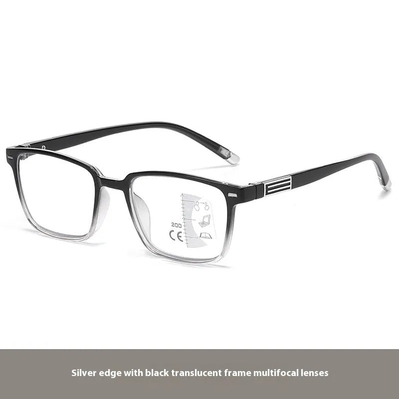 Multifocal reading glasses with anti-blue-light and colour-changing lenses in a black and silver frame.