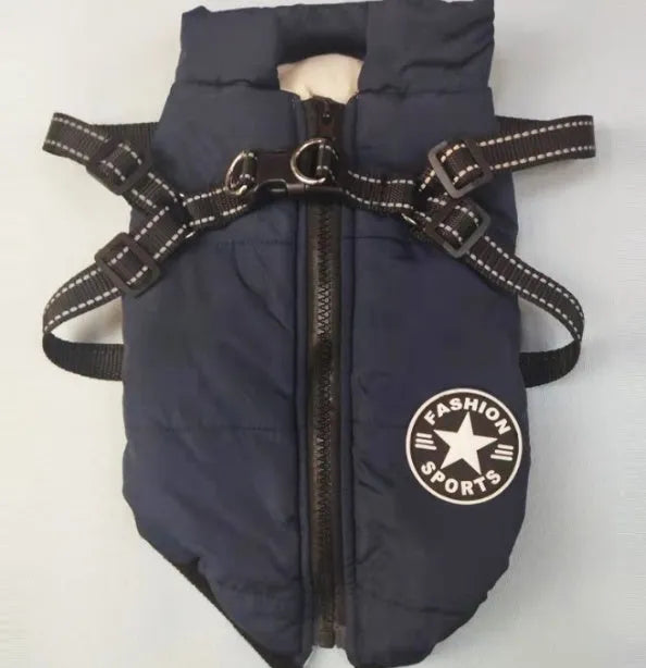 Pet cotton padded coat in blue for dogs, autumn and winter casual style, size shown S to 4XL