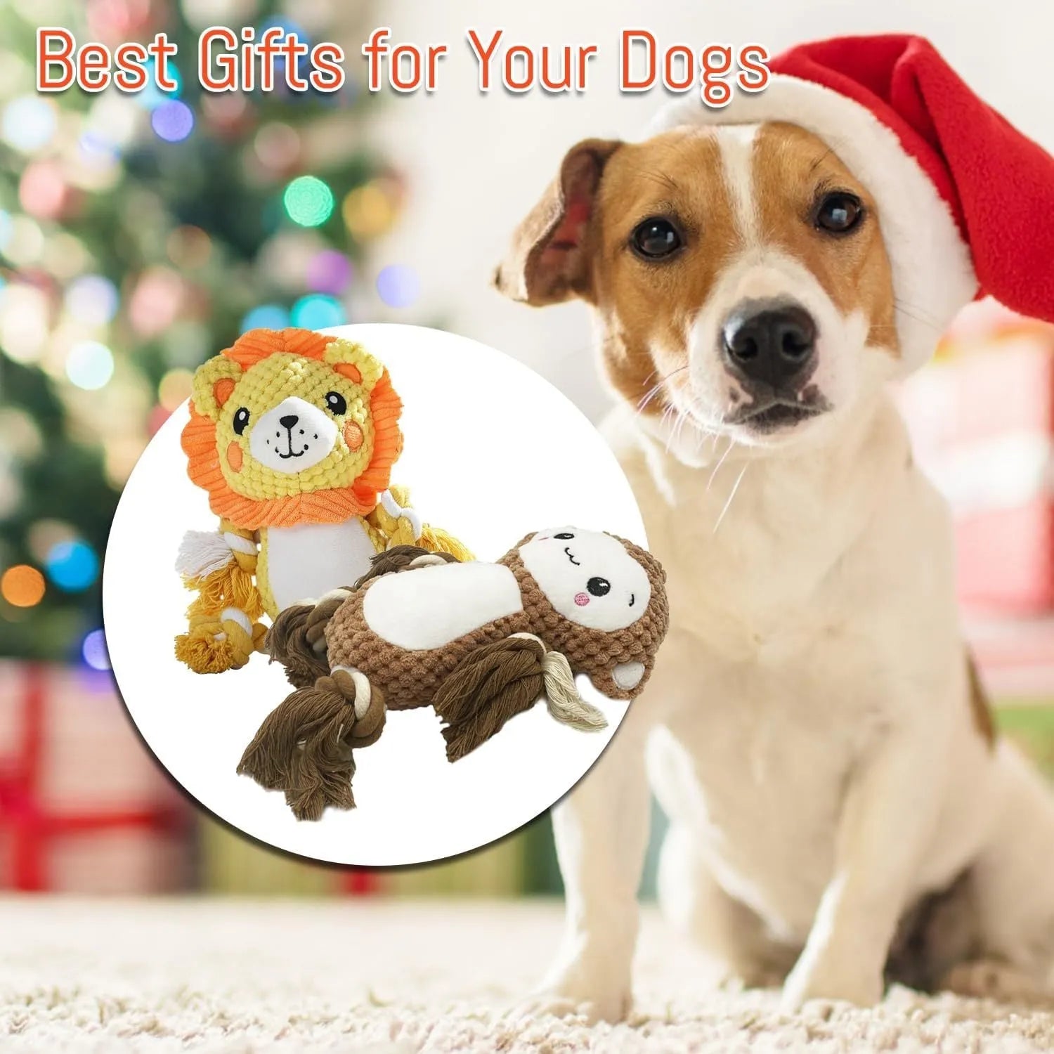 Lion and monkey shaped plush squeaky dog toys for medium and large breeds