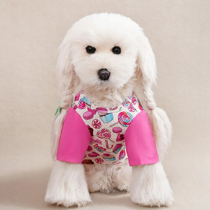 Full printed casual polyester t-shirt for small dogs, shown in multiple colour options with size chart.