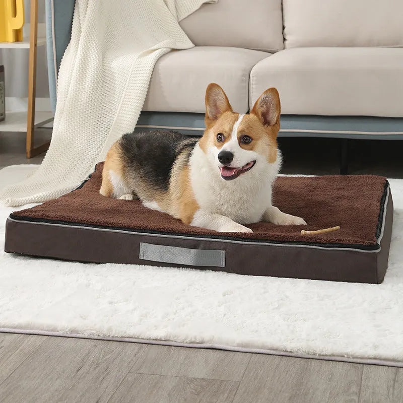 Removable washable memory sponge dog mat in brown, shown with a detached cover for cleaning.