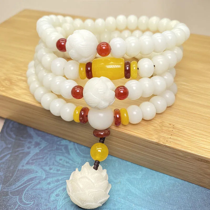 White Jade Bodhi 108-bead bracelet showing bead detail, available in three styles and sizes.