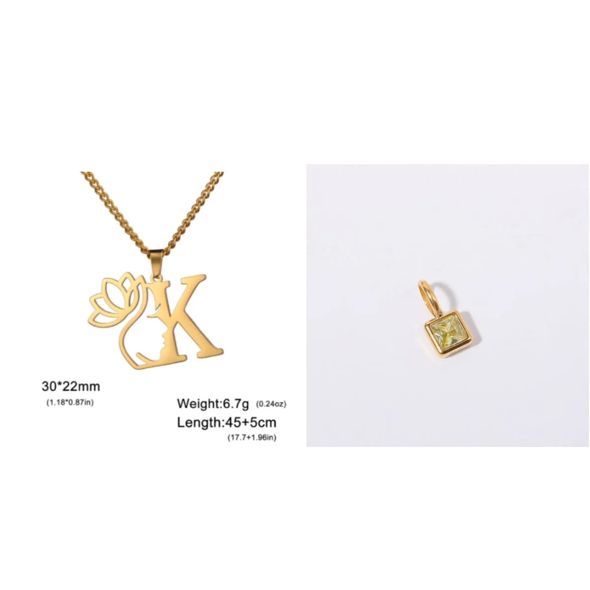 Stainless steel necklace with letter pendant on cross chain in gold or silver electroplated finish