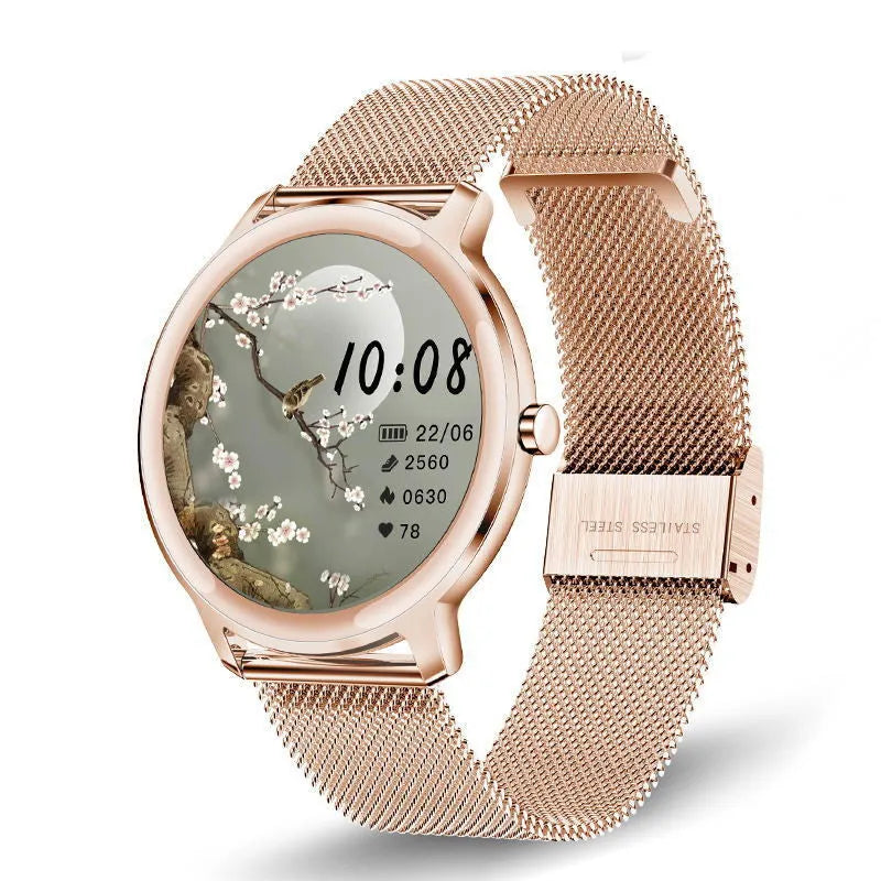 Women's silver smart watch with stainless steel mesh strap and 1.3 inch touch screen display