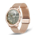 Women's silver smart watch with stainless steel mesh strap and 1.3 inch touch screen display