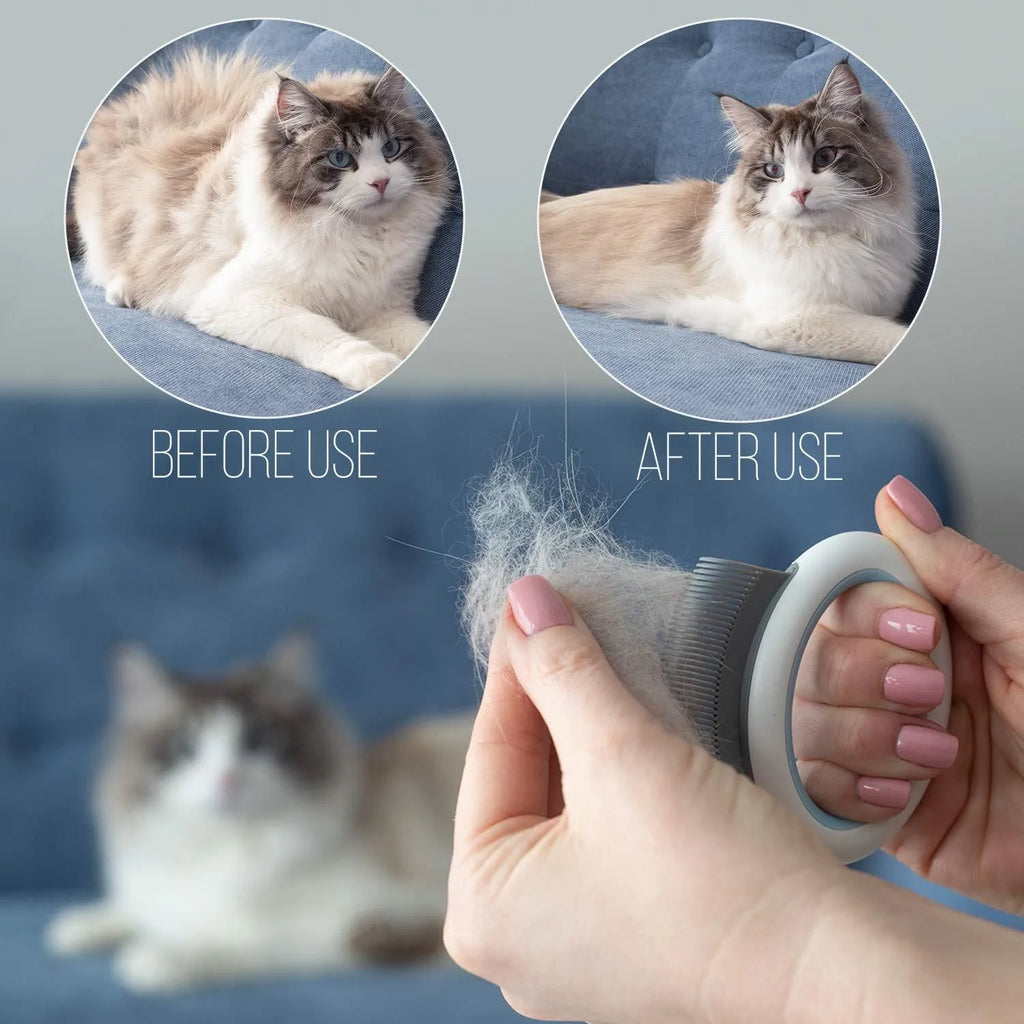 Blue pet grooming comb with ergonomic handle for deshedding cats and dogs