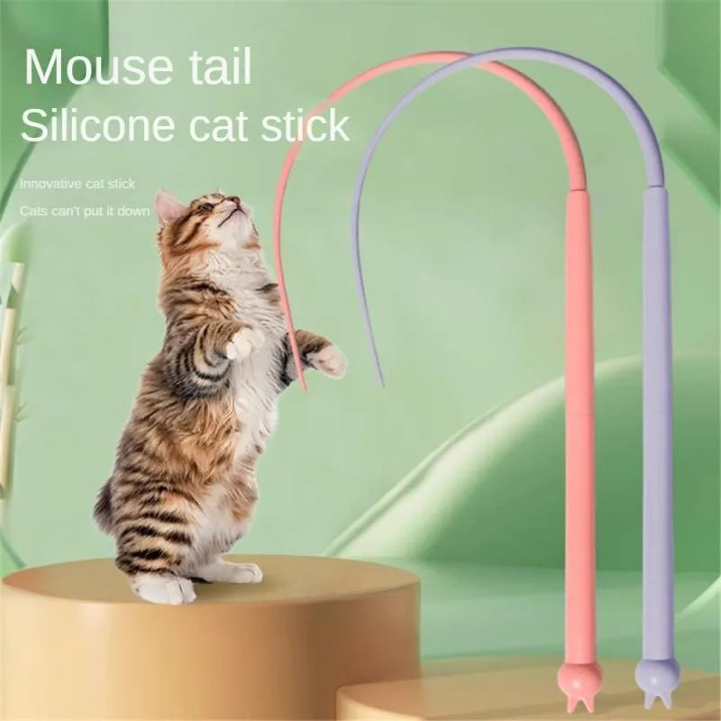 Blue cat teaser wand with a long silicone mouse tail and a cat head design on the ABS handle.