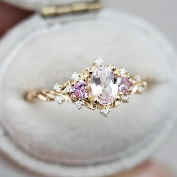 Simple fresh inlaid zircon ring for women alloy flower shape gold pink diamond