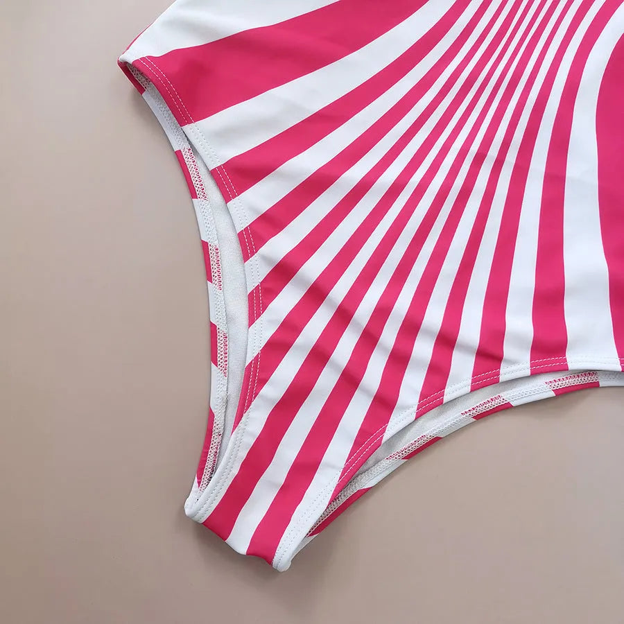 Women's pink striped one-piece swimsuit with digital printed front and rear positioning