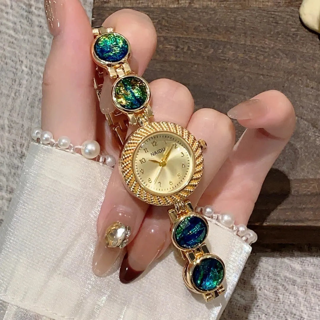 Women's quartz watch with 25mm round dial in six colour options including milky white and dark green