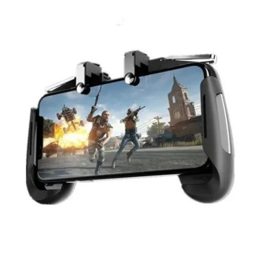 A telescopic mobile game controller holding a smartphone, shown in black, blue, and white colour options.