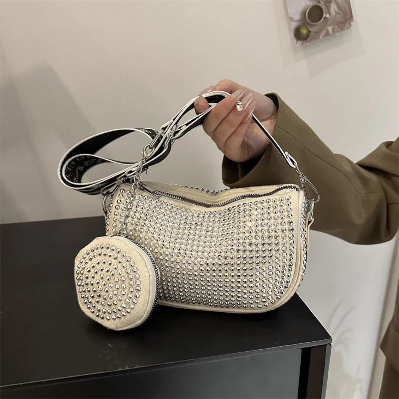 Rhinestone shoulder bag with small purse in black red white Oxford cloth dumpling shape