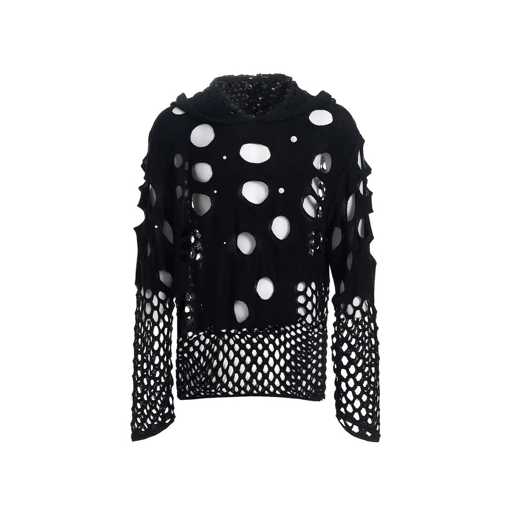 Black men's hooded sweater with pearl decoration, loose thin knit pullover style