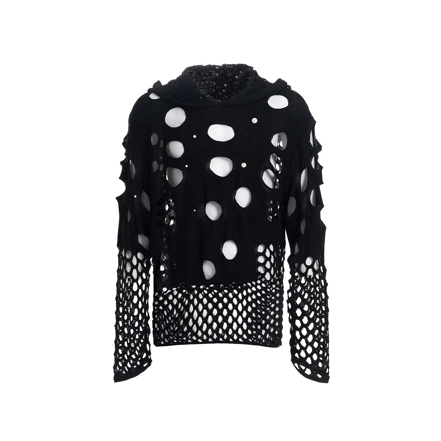 Black men's hooded sweater with pearl decoration, loose thin knit pullover style