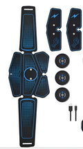 EMS abdominal muscle stimulator with three blue hosts, belt, and adhesive pads on a white background