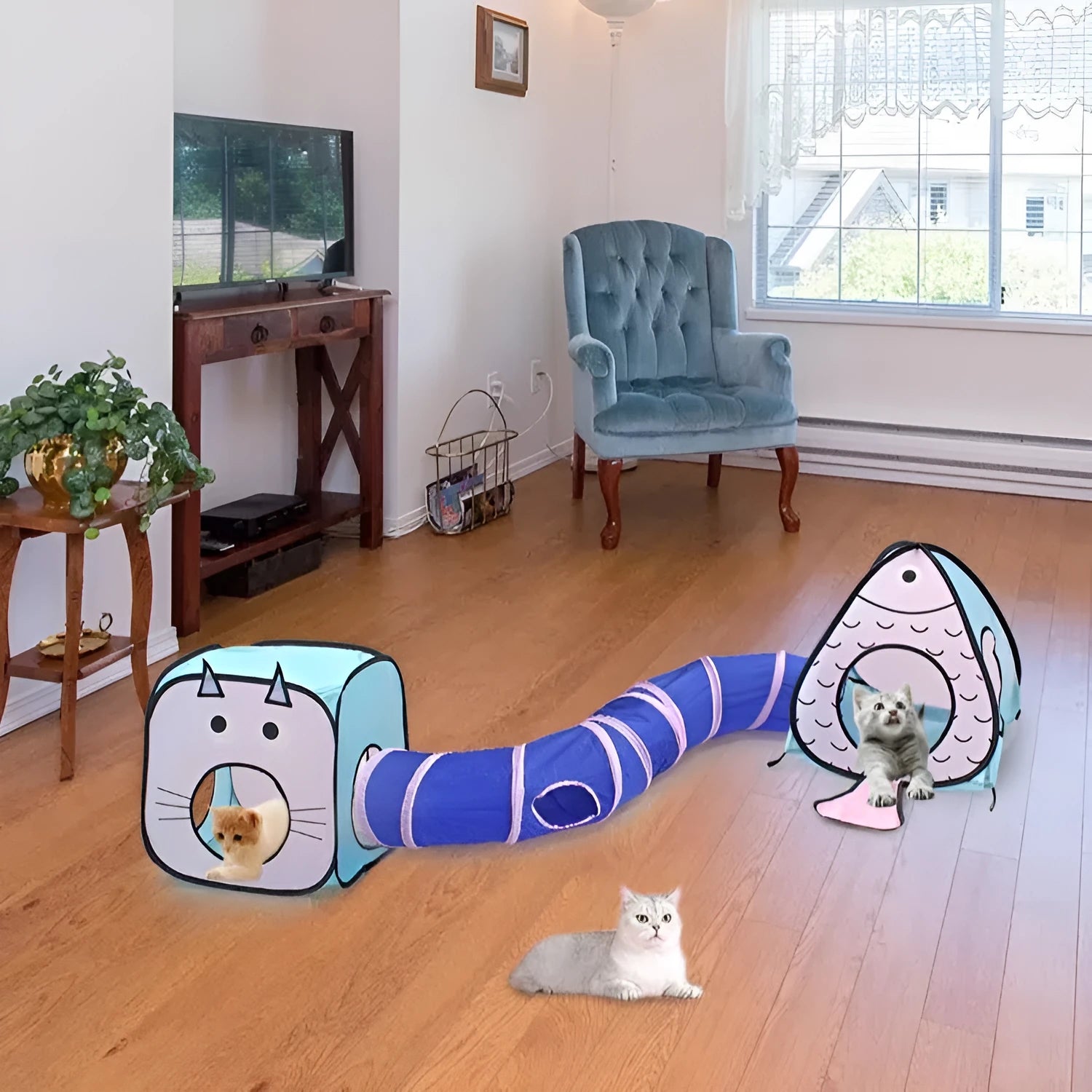 Foldable blue and white cat tent with attached fish tunnel for small pet play