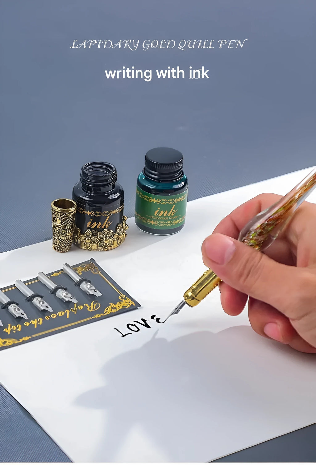 European British vintage grey mechanical feather dip pen set for calligraphy practice on a white background
