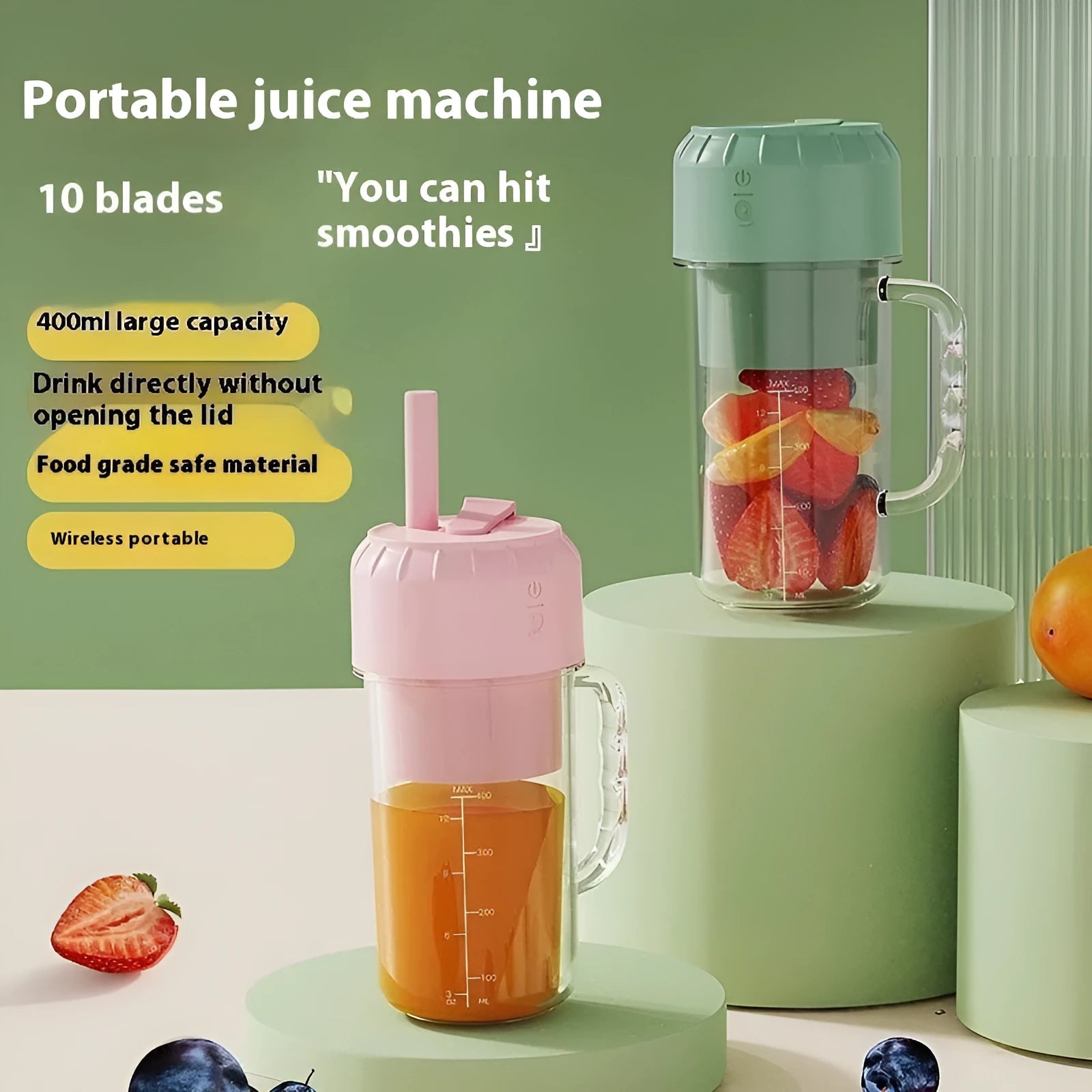 USB-powered portable juicer in avocado green with multiple blade configuration options