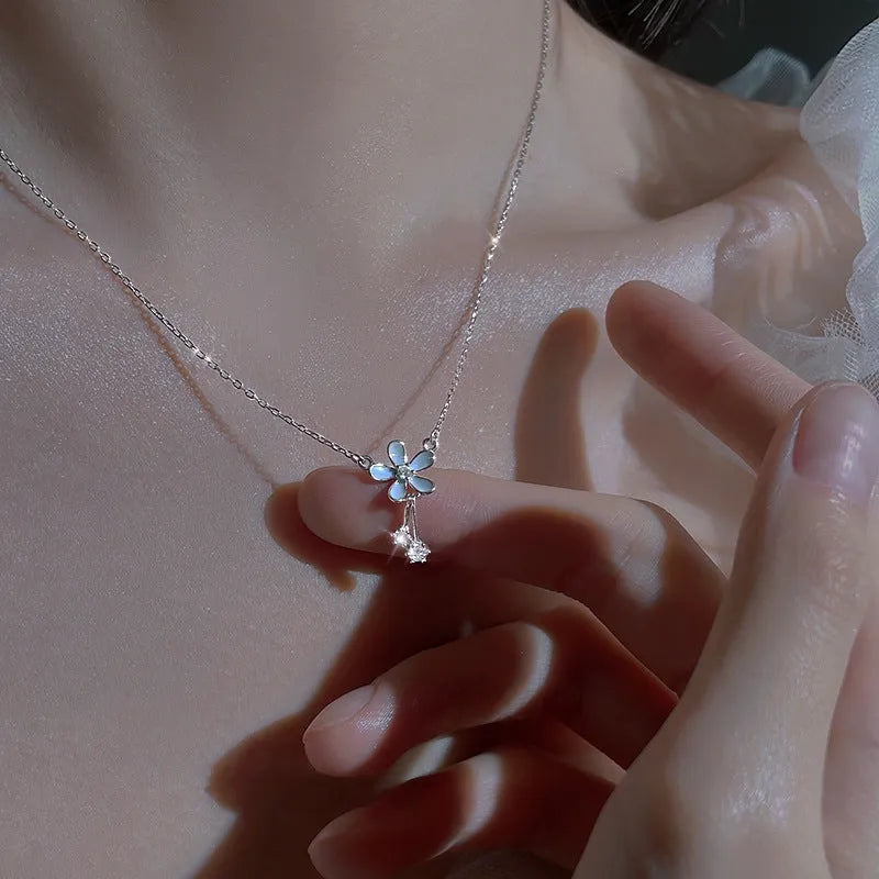 999 sterling silver flower pendant necklace with white nano anti-oxidation finish on adjustable cross chain