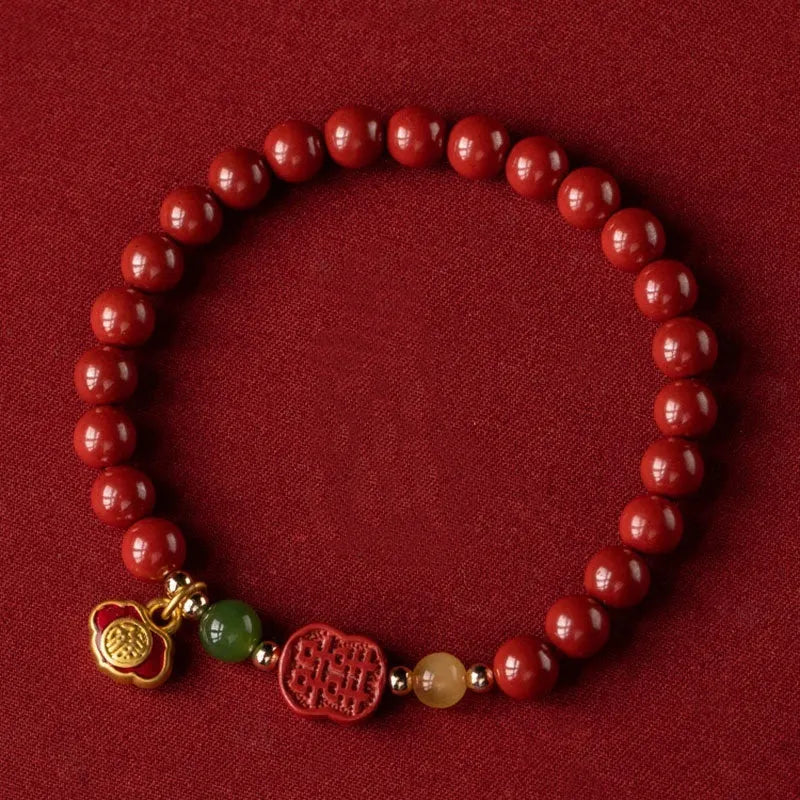 Chinese-style cinnabar bracelet with emperor sandstone beads and fu character design