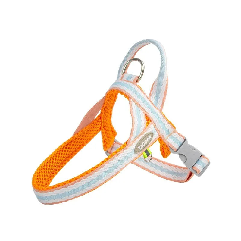 Y-style dog harness and matching 1.4 metre traction rope in coral orange for dogs 2kg to 17.5kg