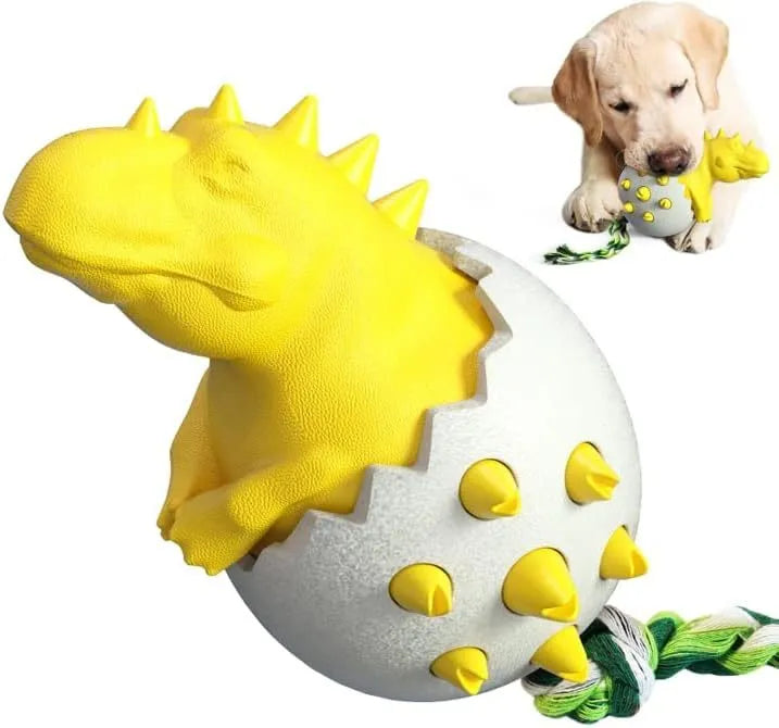 Blue durable dinosaur-shaped dog chew toy with textured grooves and an attached rope for aggressive chewers