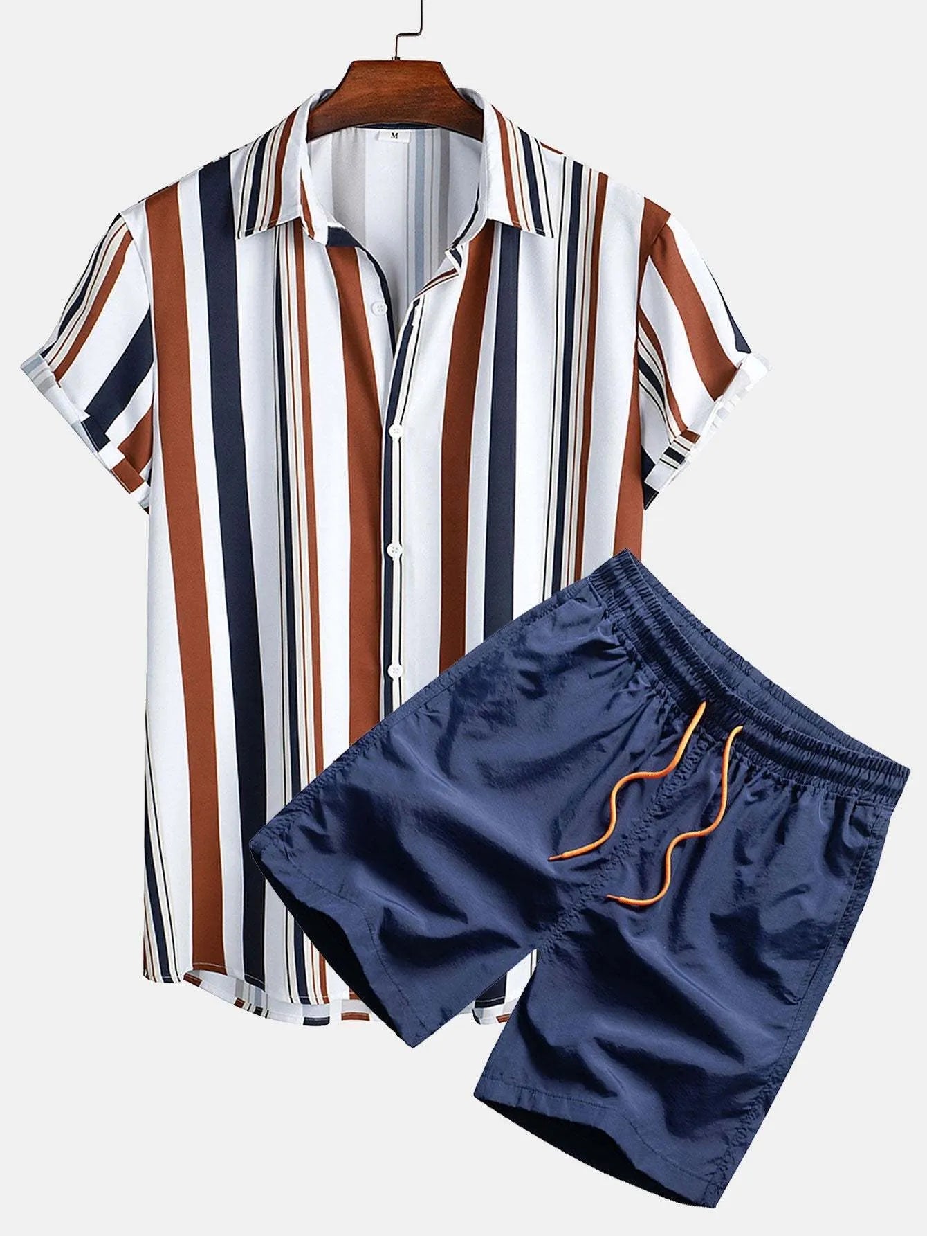 Men's light blue digital print short sleeve cardigan and matching shorts casual suit set